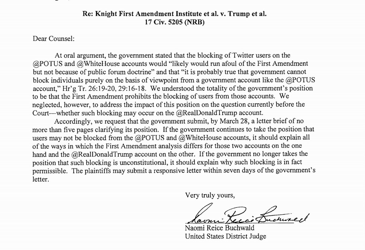 TrumpBlocks's tweet image. The Justice Department evidently conceded in court that Trump can't block people from following @POTUS or @WhiteHouse.  Now the judge wants to know why @realDonaldTrump should be treated any different. @knightcolumbia