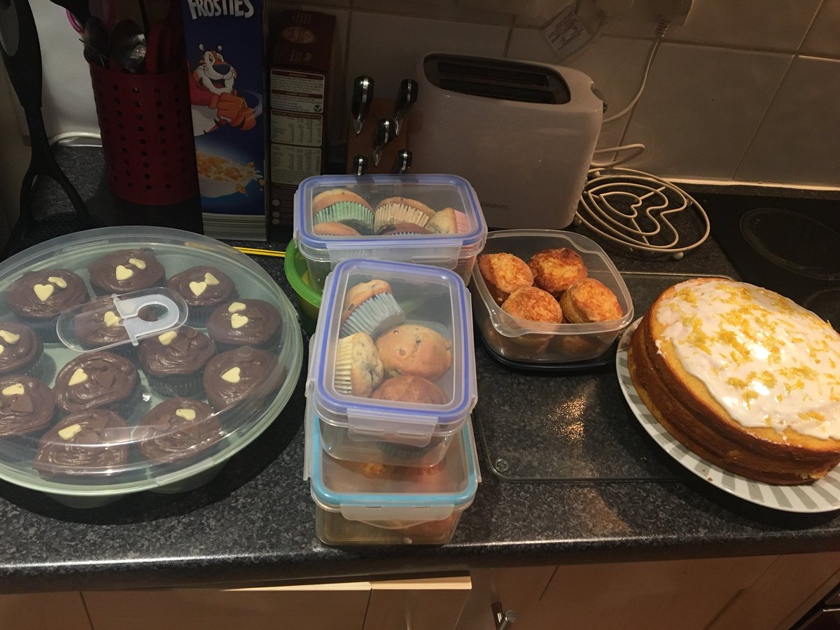 Katy_S_Ellis's tweet photo. Baking complete for @PharmaSupport bake sale tomorrow at @UoN_Pharmacy foyer @ 12-2pm tomorrow! @GautamChPaul @_araoof #cheesescones #blueberrybuns #choccupcakes #lemonlayercake https://t.co/W4HHiPlv2b