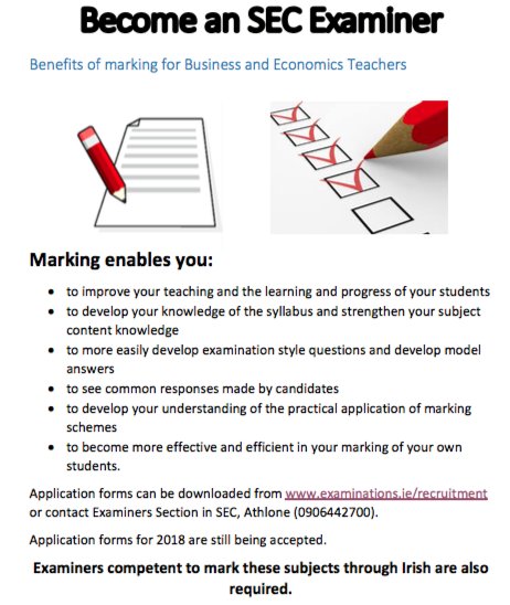 bstaireland's tweet photo. The State Examinations Commission are still recruiting examiners for the following subjects: #lcbusiness #lceconomics #jcbusiness 

Application forms can be downloaded from https://t.co/SdrRB3BgYk  or contact the SEC (0906442700)
@BSTAIGalway @bstaidublin @BSTAI_Limerick https://t.co/39wF7FYo1I