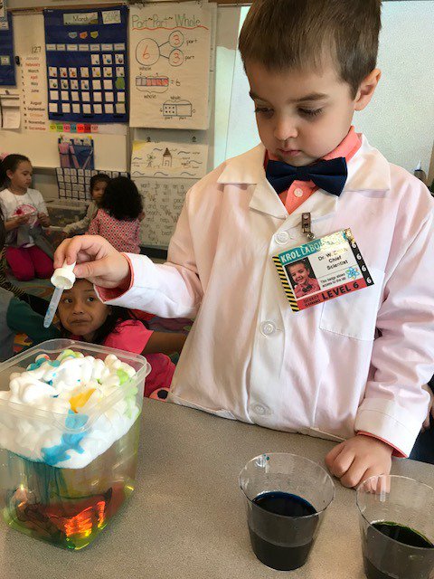 wfcaten's tweet photo. Kindergarten held Mad Scientist day in honor of Albert Einstein's Birthday. Students visited each classroom to conduct a variety of experiments. #TeamTJES #WeBelieveOneTeamOneDream #ScienceRox #STEAMRulez https://t.co/nwl3P7P4V9