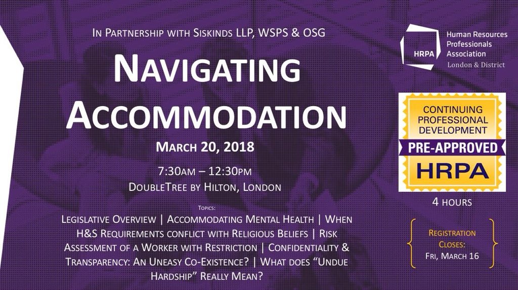 HRPA_LD's tweet photo. Do you wonder how to navigate difficult accommodation requests? Are you comfortable discussing your employees’ mental health? Do you know how to balance religious accommodation with health &amp; safety requirements?  Join us March 20 to learn how!  https://t.co/NTGDGkyPi1 #LdnOnt https://t.co/vyh1fekrT7