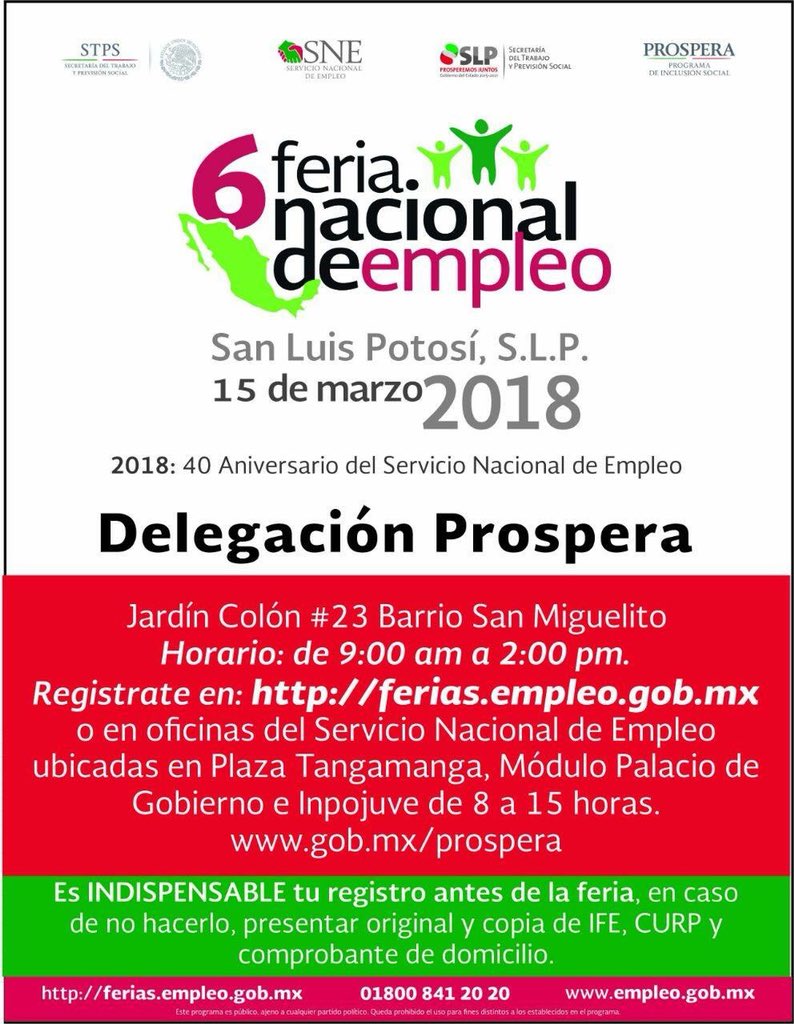 SNESanLuis's tweet photo. Este 15 de marzo de 2018 en las oficinas de la Delegación de PROSPERA tendremos 6 Feria Nacional de Empleo, regístrate eb https://t.co/kE3TKZdT0J #vacantes #empleoSLP #Empleo @HiramVentura https://t.co/V4Nz0mB6ZC