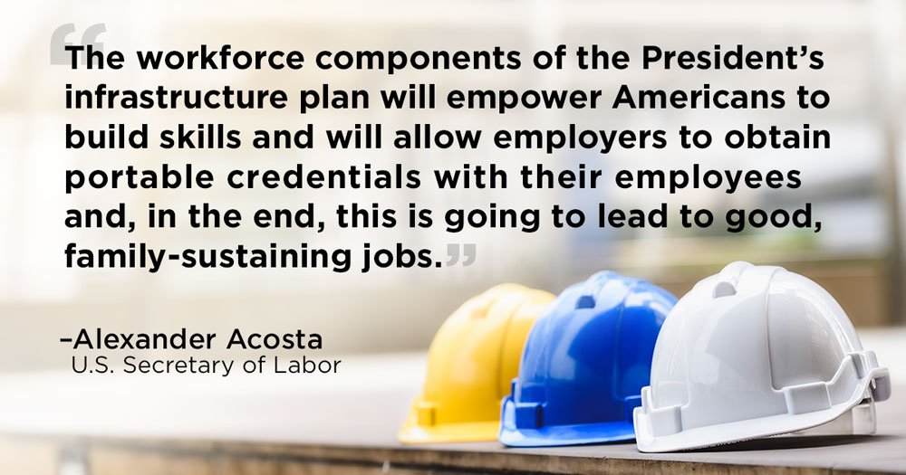 "The workforce components of the President's infrastructure plan will empower Americans to build skills and will allow employers to obtain portable credentials with their employees and, in the end, this is going to lead to good, family-sustaining jobs." - Alexander Acosta, U.S. Secretary of Labor