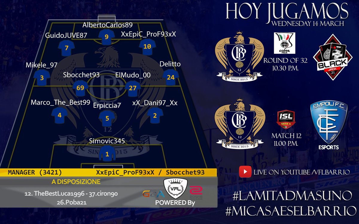 BarrioFCP's tweet photo. 🔥HOY JUEGA EL BARRIO 🎮

@FVPA_net Cup 🆚 @BJ21ProClub

@AIPC_ITALIA 🆚 @EmpoliProClub 

#LaMitadMasUno #NeverStopFly🦅🇦🇷 https://t.co/2UklFlGAMV