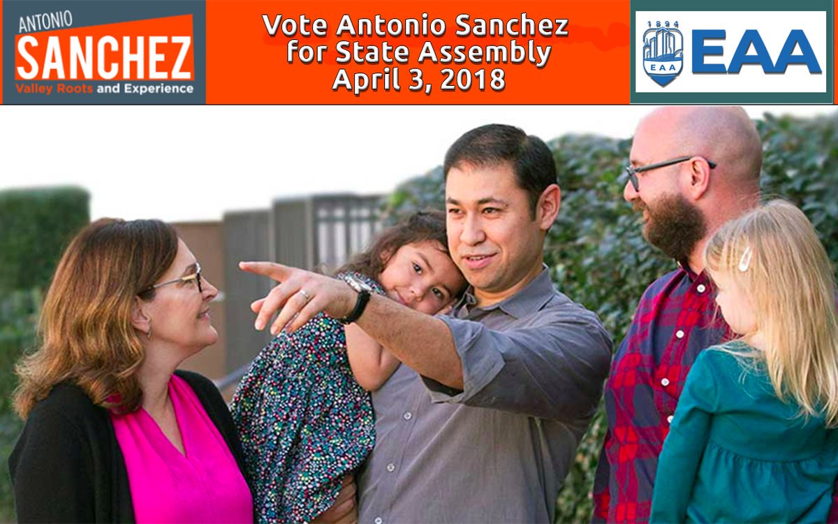EAAUnion's tweet photo. RT @SanchezCA39: Proud to have the endorsement of EAA, @EAAUnion. “Antonio is one of us, a strong union supporter, a family man, and one, who cares deeply about his Valley neighborhoods.” - Bill Violante, EAA Executive Director https://t.co/51LBsV3S37