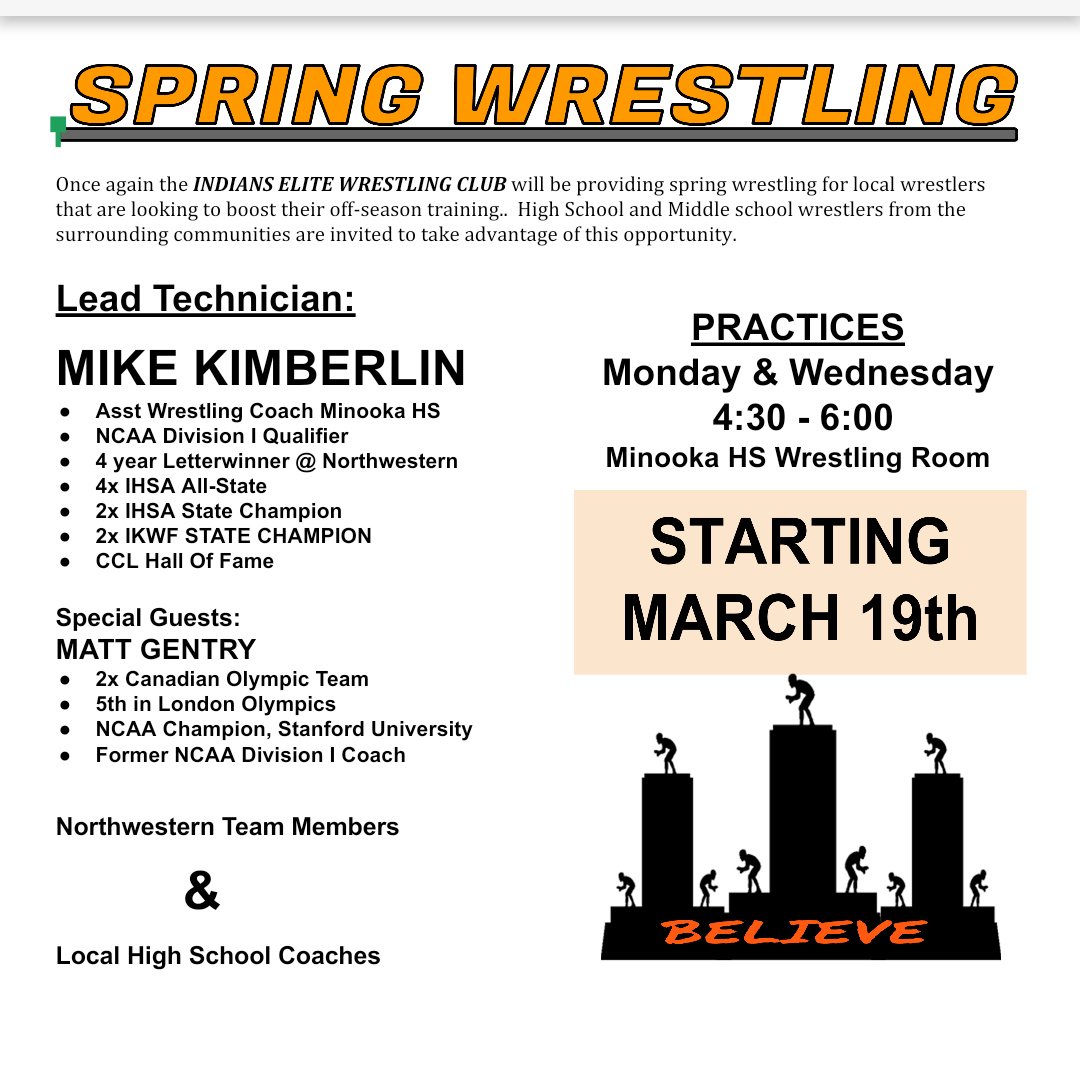 Spring Wrestling at Minooka starts on Monday 3/19. 

Compliments of Indians Elite WC