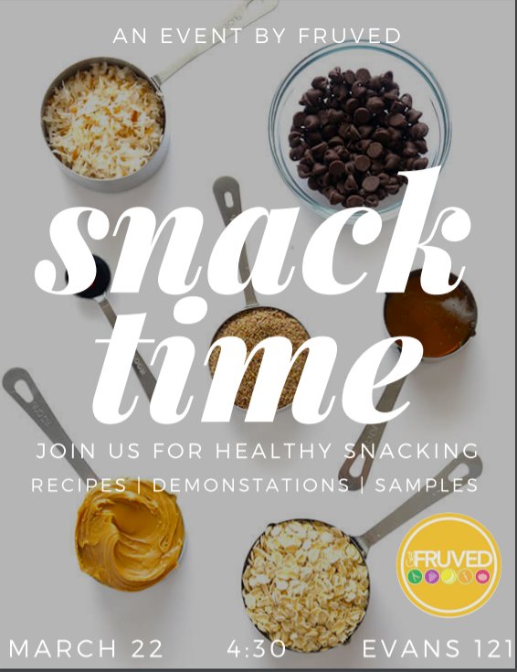 fruvedplnu's tweet photo. Come to Evans 121 from 4:30-5:30 pm next Thursday (March 22) for a free event with samples, demos, and recipes for healthy, dorm-friendly, gluten-free snacks! #jointhefruvement #getfruved https://t.co/roZcKme8Xp