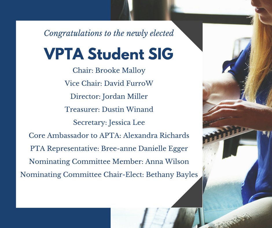 VPTAStudentSIG's tweet photo. Say hello to our newly elected VPTA SSIG Executive Board! Congratulations! https://t.co/VH00sBIHpW