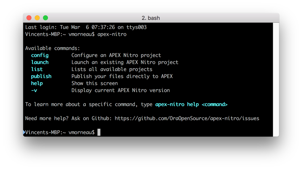 TalanOracleTech's tweet photo. APEX Nitro Tip #2: Using the command line
#APEXNitro has a powerful CLI (command line interface). Fire it up by executing the following command: apex-nitro
Use the "help" command to read more about a specific feature.
Read more https://t.co/h2N0dCoEDs #orclapex https://t.co/KokxOQSfeT