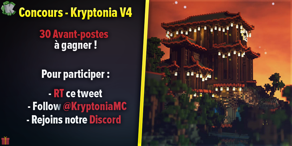 KryptoniaMC's tweet photo. #Concours 🎁

Hello à tous ! Nouveau petit concours sur Kryptonia !

🍀 A gagner: 30 Avant-postes !
Pour participer👇
- #RT ce tweet
- Follow @KryptoniaMC 
- Rejoins notre Discord : https://t.co/4b3CHSqrXs

🖊️ Tirage au sort deux environ 2 semaines. Bonne chance à tous ! 👌 https://t.co/cH70zTuqQI
