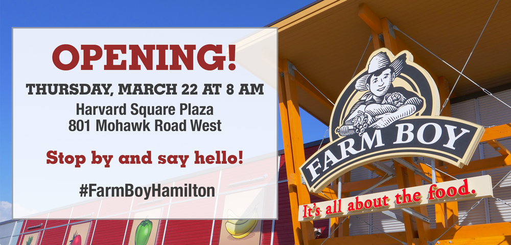 FarmBoy's tweet photo. FRESH NEWS: 

Our new location at Harvard Square Plaza in #Hamilton opens on Thursday, March 22 at 8 am! We're THRILLED to be part of the #HamOnt community and look forward to meeting you on opening day! #FarmBoyHamilton

Full press release: https://t.co/sUeW0TfkSA https://t.co/kfNw5wtsa6
