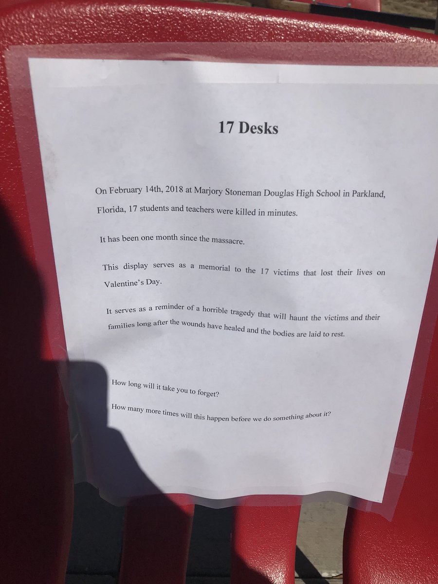 bschr4's tweet photo. UNL has 17 desks out in front of the learning commons, one for each person killed in the Florida school shooting. Each chair has a short bio on each victim.

Really touching. Life is precious https://t.co/Uz8kxoUmp0
