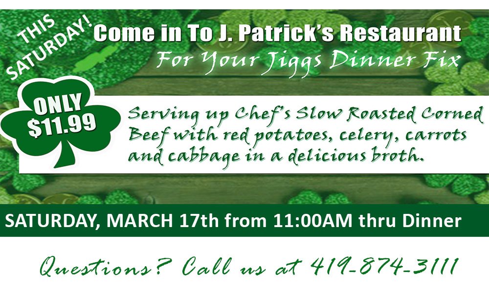 HIFQ's tweet photo. St. Patrick's Day is right around the corner and you know what that means...Jiggs Dinner! We've got your delicious Jiggs Dinner here available Saturday at our J. Patrick's Pub &amp; Restaurant. #StPatricksDay #JiggsDinner #Toledo https://t.co/HmFT457IQG