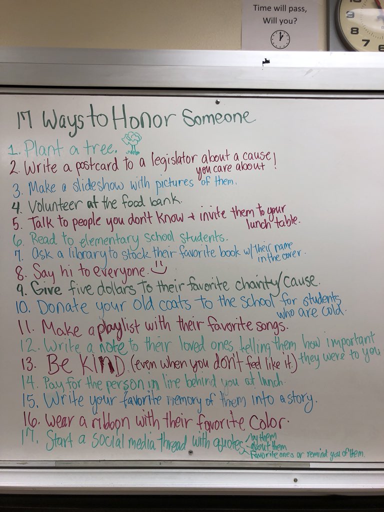 MrsWardNT's tweet photo. 17 ways to honor someone.  Not in order of importance. https://t.co/OGEaiSveWz