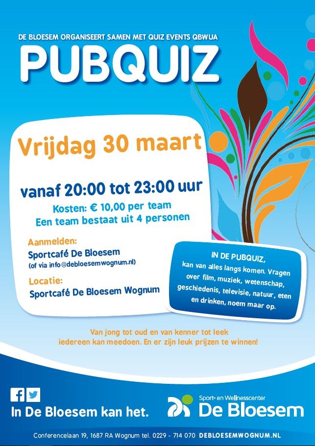 Ga voor een gezellig avondje uit in De Bloesem en doe met je vrienden mee met de pubquiz!