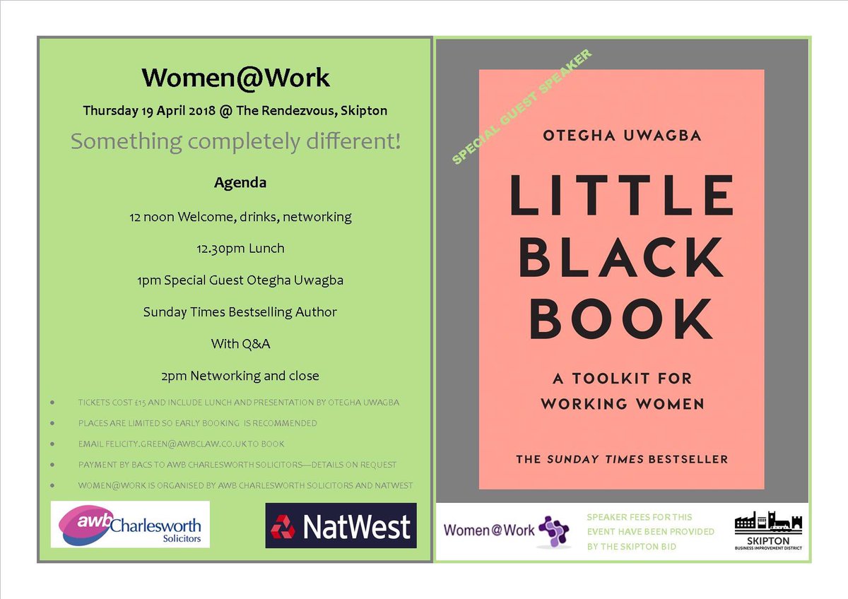 Lizsmithyorks's tweet photo. Please RT, fantastic opportunity for local business women to listen to The Sunday Times bestselling author of ‘Little Black Book’ Keynote speaker. #networking #skipton #ilkley #keighley #harrogate #saltaire #bingley #haworth #settle https://t.co/NtAH7esU6Q