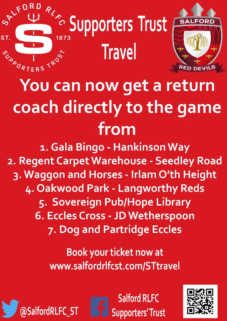 SalfordRLFC_ST's tweet photo. @SalfordGala > @LangworthyReds > @FlamingGrillPub Royal Sovereign > @jdwtweet Eccles > Dog and Partridge Eccles @RileyDenbo19 > @AJBell_Stadium on our Supporter Bus route for @SalfordDevils fixture this Friday. Tickets available here https://t.co/WhOGwkRLbs https://t.co/ilNKkc2ADA