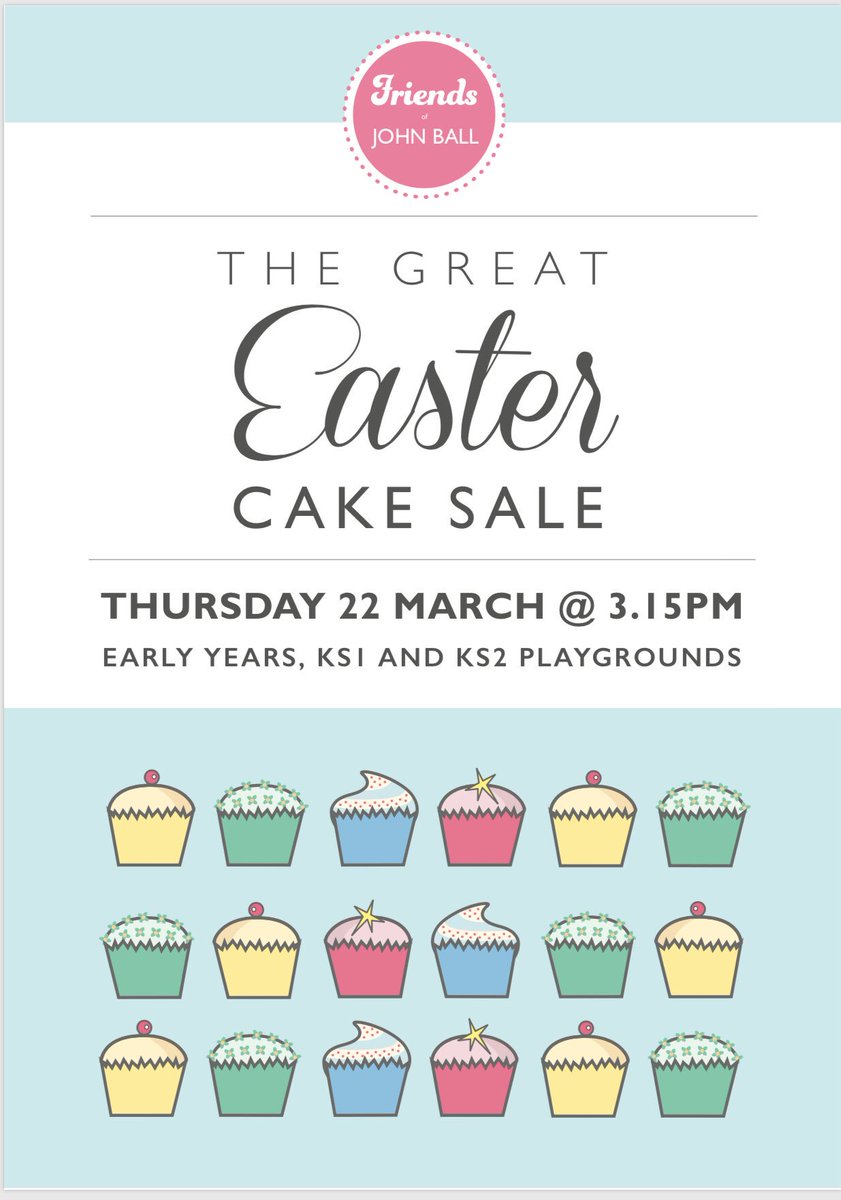 FriendsJohnBall's tweet photo. Cake Sale!
Thurs 22nd March!
Please donate cakes for our wonderful school charity!
Can you help sell cakes on the day??? Let us know!
Thx 🍰 https://t.co/zxwPGByxfZ
