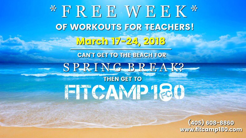 FitCamp180's tweet photo. CALLING 🗣 ALL TEACHERS IN OKC METRO!! Can’t get away for Spring Break?? That’s okay! Come get ready for summer 👙 with an entire *FREE WEEK* of amazing workouts at #fitcamp180 !! This is our small way to THANK YOU for all you do!!💪🏼🏃🏻‍♀️ https://t.co/KrblZAdMuk
