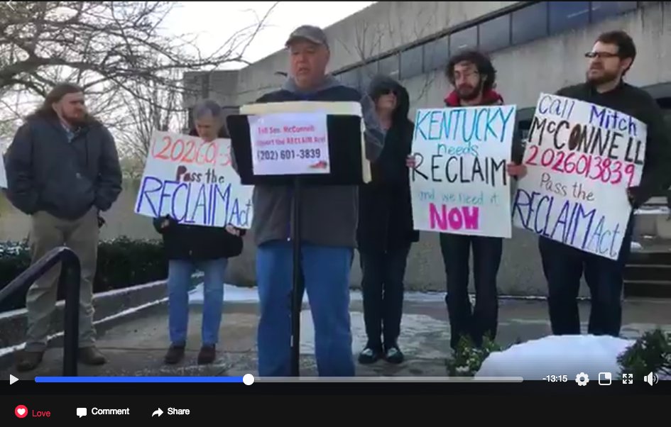 sarapennington's tweet photo. Kentuckians at @SenMajLdr Mitch McConnell's office this morning show him the widespread support for the #RECLAIMAct. Retired miner Larry Miller tells McConnell to support @RepHalRogers's win-win solution for also supporting black lung benefits at 13:09 https://t.co/LGiIrkgJeS https://t.co/DTTj5pODEb