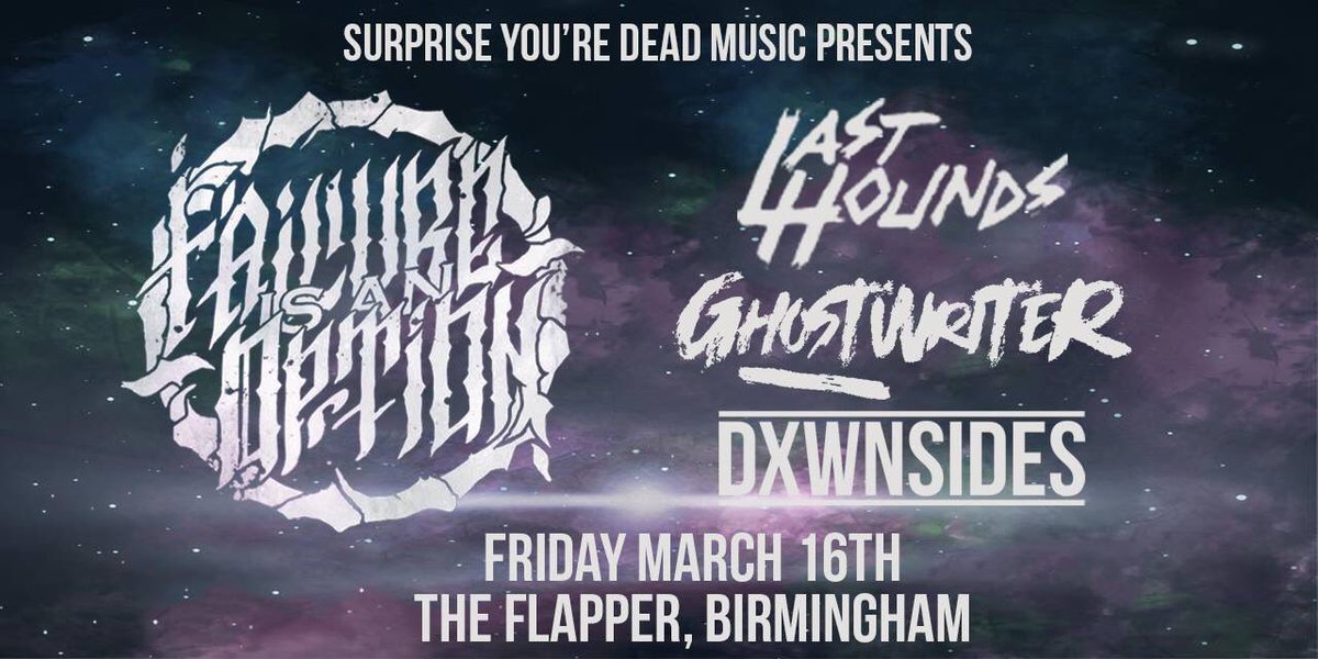 Our next is in 2 days time! Come lose your shit with us <a href="/OfficialFIAO/">Failure Is An Option</a> <a href="/LastHounds/">Last Hounds</a> and @dxwnsidesbham at <a href="/TheFlapperBrum/">The Flapper</a> !!

£5 cheaplist from us lovely chaps <a href="/SYD_Music/">Surprise You're Dead</a> 
#punk #hardcore #noise #gigs
