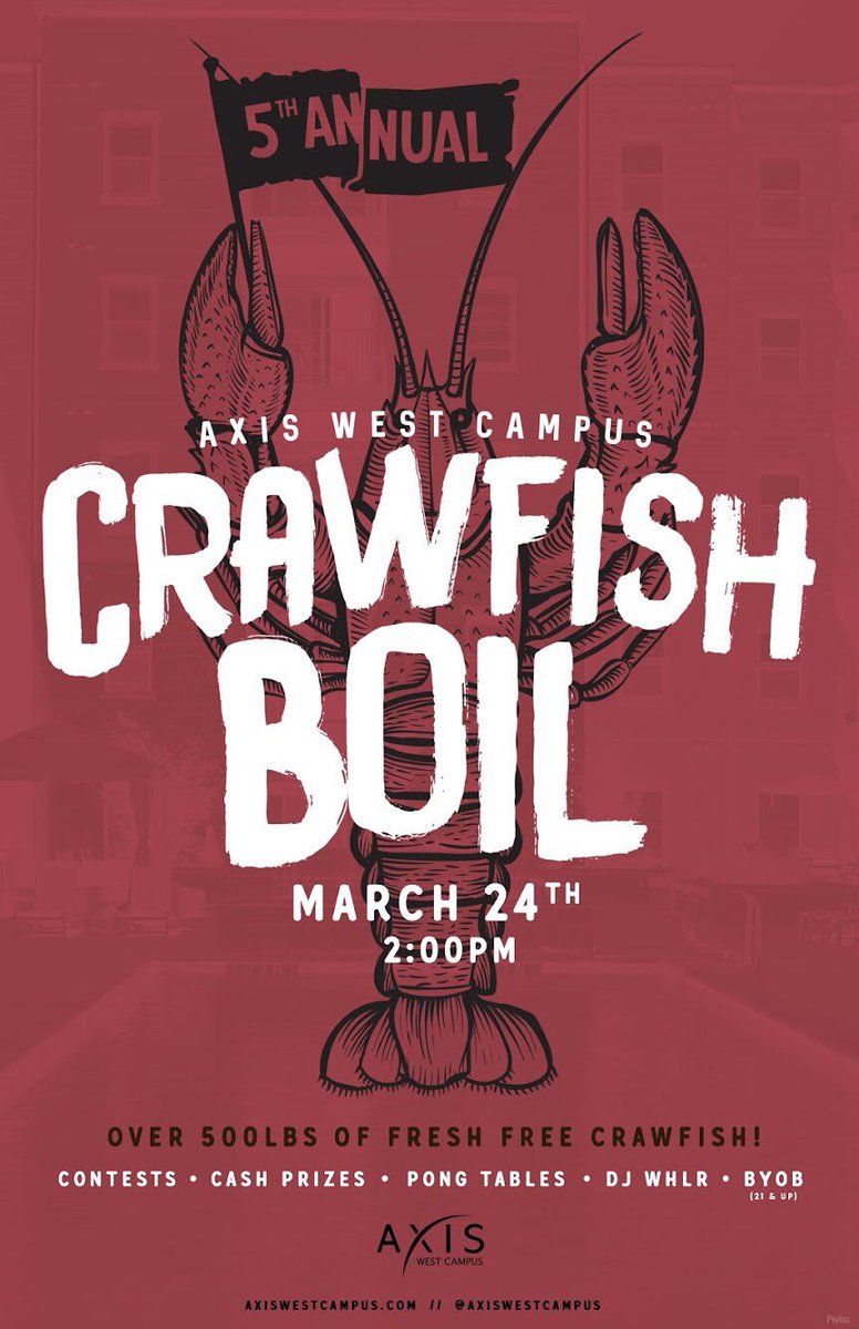 AxisWestCampus's tweet photo. We know you’re in Spring Break mode, but don’t forget next weekend is our 5th Annual Crawfish Boil! Free food, live music, and cash prizes you don’t want to miss out on. See y’all there! 😎🦐 #LiveAxis #CrawfishBoil #atx #UT22 #WestCampus #Austin #Longhorns https://t.co/3KbjtH7qDN