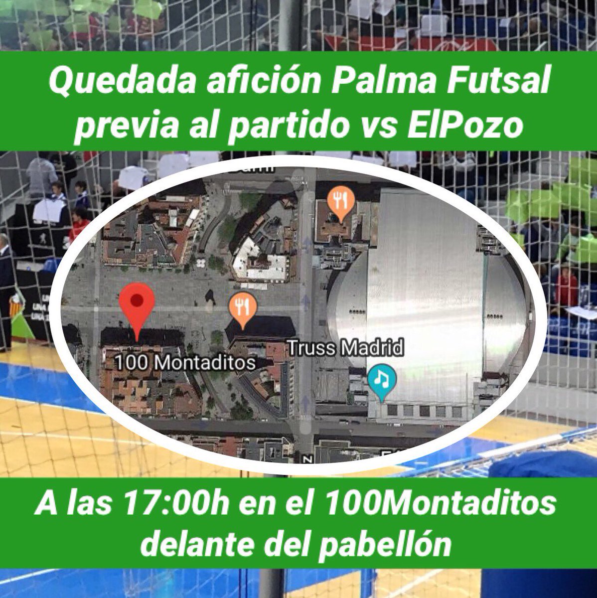 UltrasPalmaFS's tweet photo. RECUERDA!
Ven mañana a la previa con el resto de la afición palmesana.
📍100Montaditos frente al pabellón
⏰17:00h
#HastaElFinalPalmaFutsal https://t.co/M0gawJWyaf