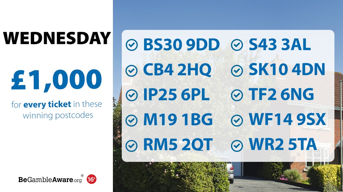 PostcodeLottery's tweet photo. It was a wonderful winning Wednesday for #LongwellGreen, #Cambridge, #Watton, #Manchester, #Romford, #Chesterfield, #Prestbury, #Oakengates, #Mirfield & #Rushwick: every ticket in these TEN postcodes won ยฃ1,000 with the #DailyPrize! https://t.co/D6kx0MQyHR https://t.co/twjYH3uNGP