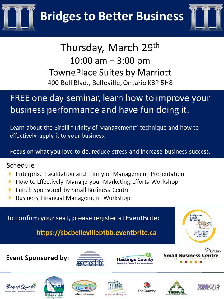 HastingsCounty's tweet photo. Learn how to improve your business performance and have fun doing it with a FREE one-day workshop on March 29th Small Business Centre @TrenvalCFDC #businessSuccess #Sirolli #trinityofmanagement https://t.co/XVfBKkF2lh https://t.co/qTUZNQ5ZF5