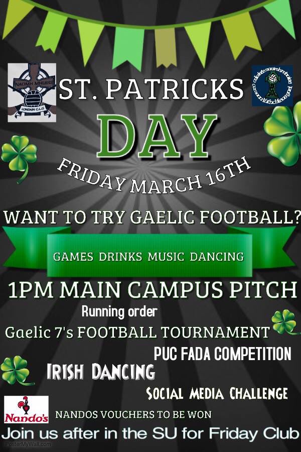 On Friday we will be teaming up with <a href="/simmsladiesgaa/">St. Mary's LadiesGAA</a> for our annual St Patrick’s day fun! This year we have a mink 7’s football tournament on campus - all abilities are welcome! If you want to play and haven’t got a team drop us a message and we’ll help you out ☘️🔵⚪️