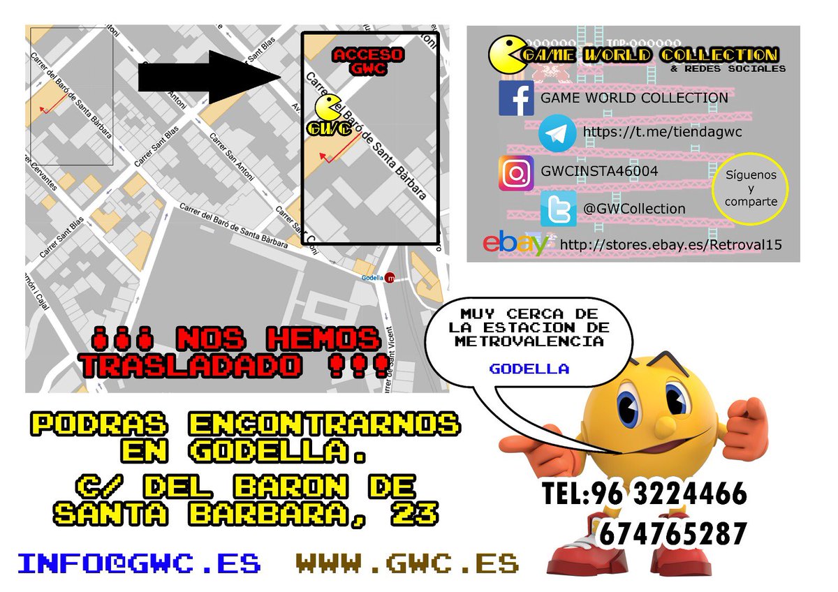 GWCollection's tweet photo. Amigos de GWC, ya estamos de vuelta, a partir de ahora nos podréis encontrar en Godella, calle Barón de santa Bárbara 23 bajos, son una puertas grandes de metal negro, nuestro nuevo horario es de lunes a viernes de 10:30-19:00 y los sábados de 11-19. 

Saludos retrogamers. https://t.co/jXM76cMrHQ