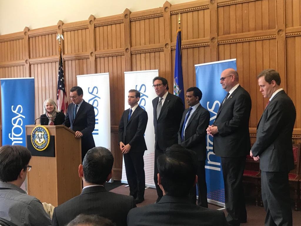 Infosys's tweet photo. “I am thrilled to welcome Infosys to Connecticut and congratulate them on their decision to establish a Technology and Innovation Hub in Hartford," - @GovMalloyOffice. Read more: https://t.co/dPbGsi5zBz https://t.co/ny1UVBqIwl