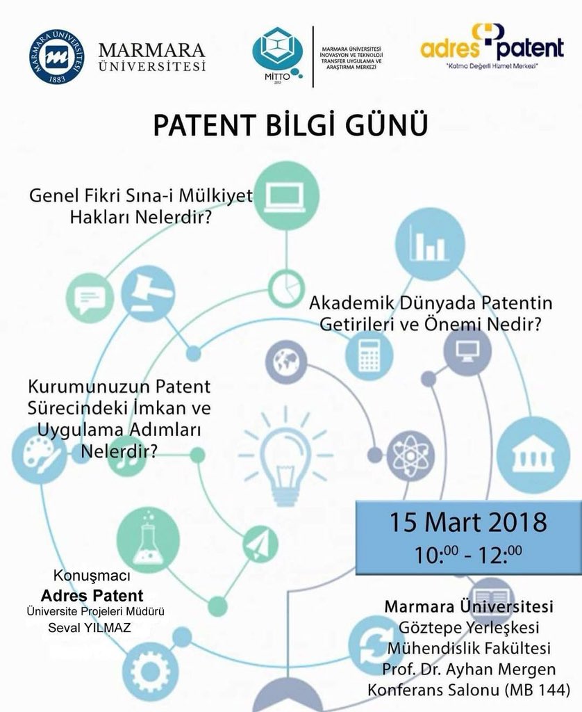 deryakilic7's tweet photo. Adres Patent olarak 15 mart Perşembe günü @marmaraunv ile Fikri Sınai Mülkiyet Eğitimi gerçekleştireceğiz.Bütün akademisyenleri bekliyoruz. @adrespatent https://t.co/J7yPZuFT5S