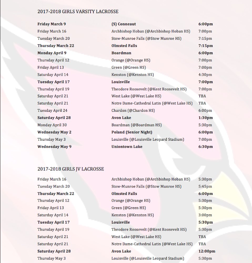These are both Boys and Girls Varsity/JV Lacrosse schedules