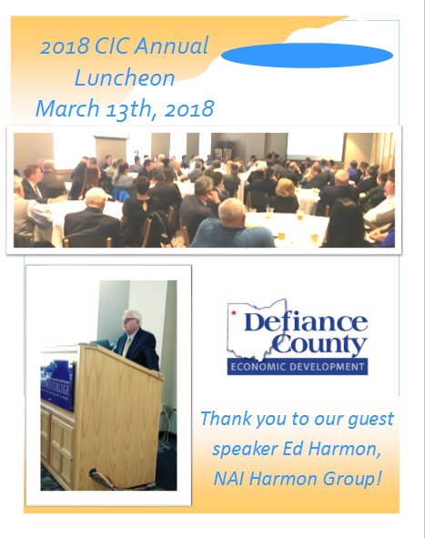 DefianceCoED's tweet image. Thank you to those that attended our 2018 CIC Annual Luncheon.  We would like to thank our board members for a successful 2017.  Also, a HUGE thank you to our guest speaker Ed Harmon, President of NAI Harmon Group.  Great things in the works for Defiance County!!