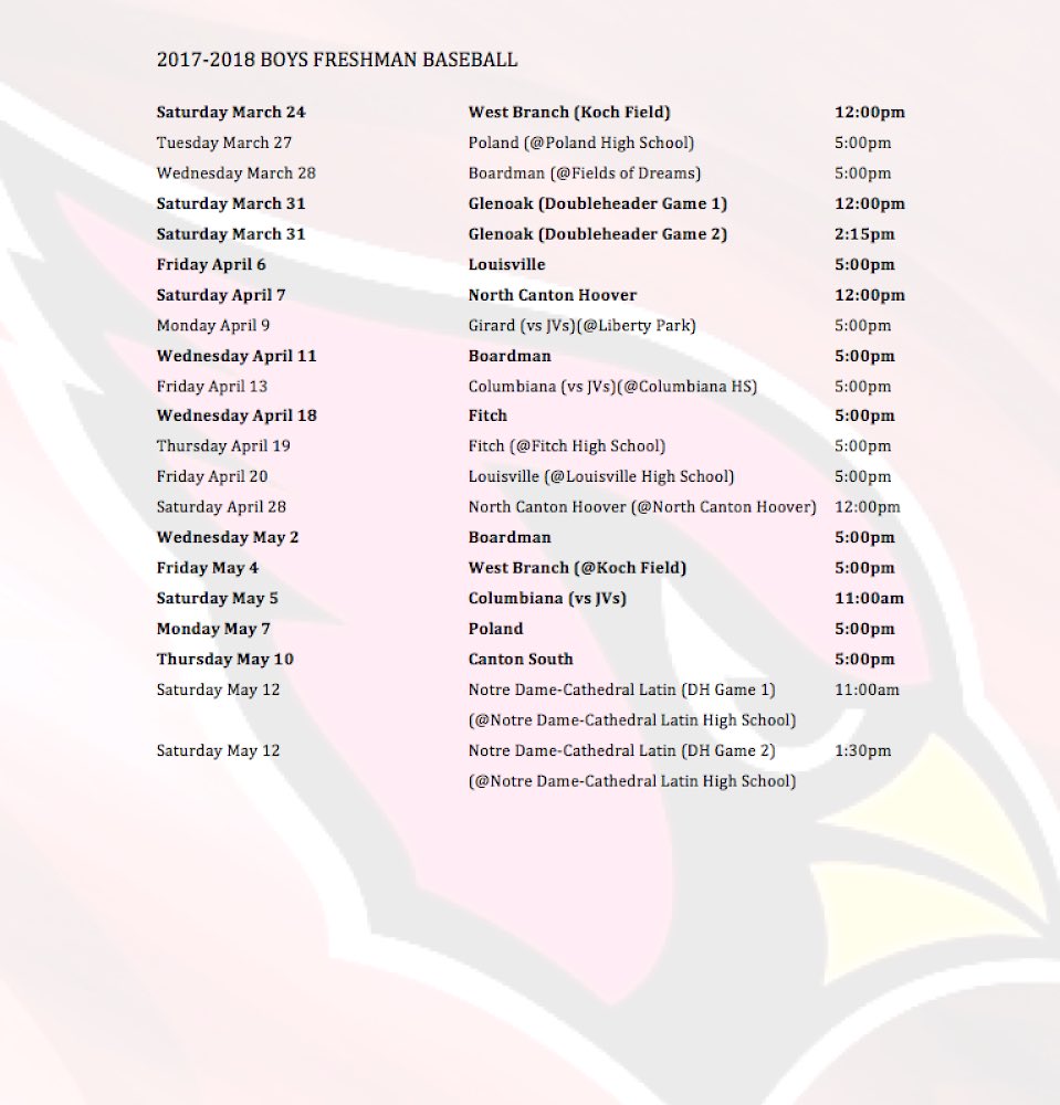 Here are the Varsity, JV, and Freshman Baseball schedules