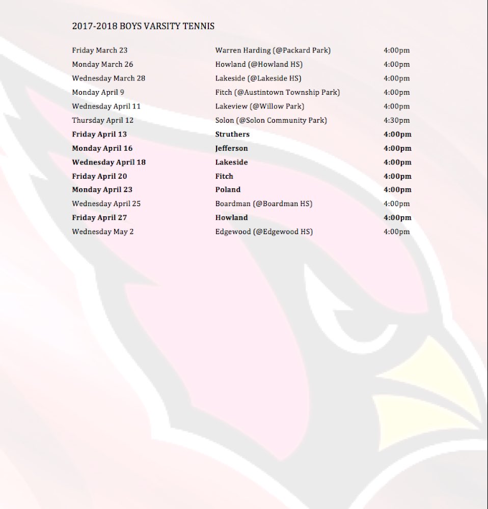 Here is the Boys Varsity Tennis schedule