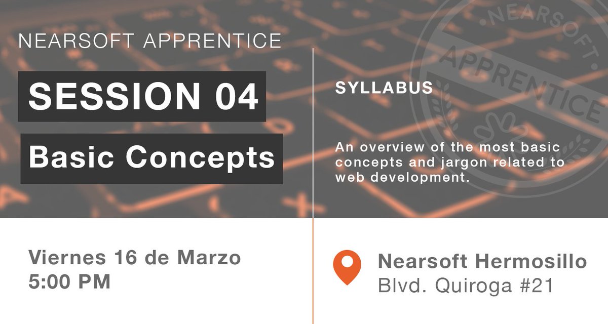 Acompáñanos a hablar sobre conceptos básicos de desarrollo web en la sesión de este viernes de Nearsoft Apprentice. ¡Nos vemos a las 5:00pm! 😉