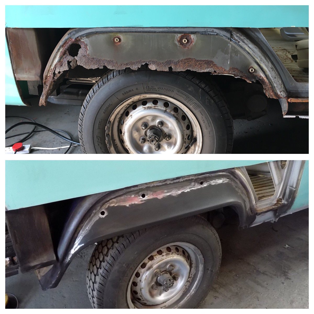 VBaywindow's tweet photo. Tiny steps with removing rot and adding new panels on the right hand side front B post bottom and inner rear arch. 
Restorer noted that late 70s vehicles are more rot prone. 1960s buses are made of 'better' steel we thinks 🤔 https://t.co/j8f27ksKwK