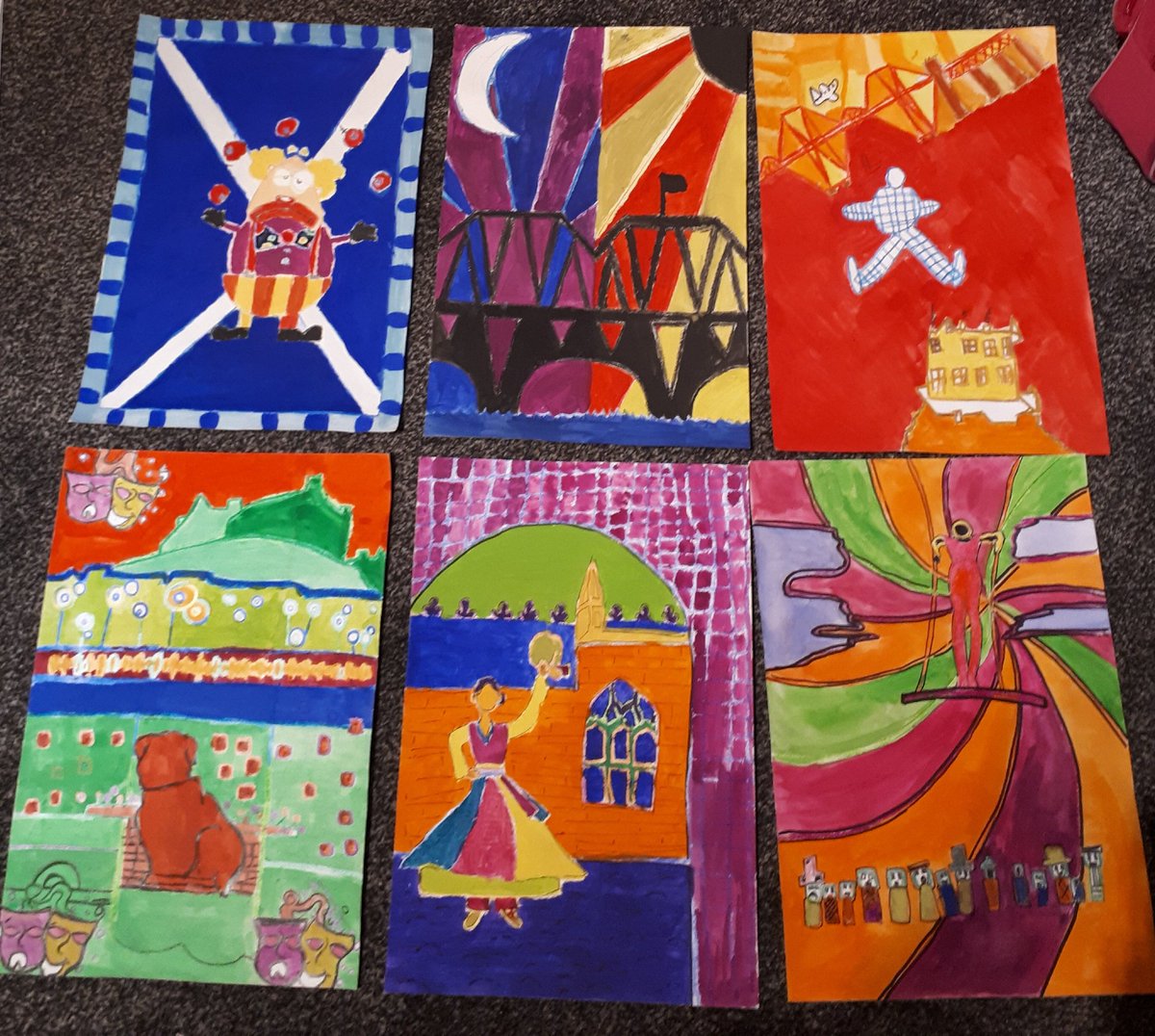 Missmackay7's tweet photo. Some examples of our S2 Hundertwasser inspired posters entering the Edinburgh Fringe Poster Competition 2018 @StMungosFalkirk https://t.co/3fbVCxNxjO