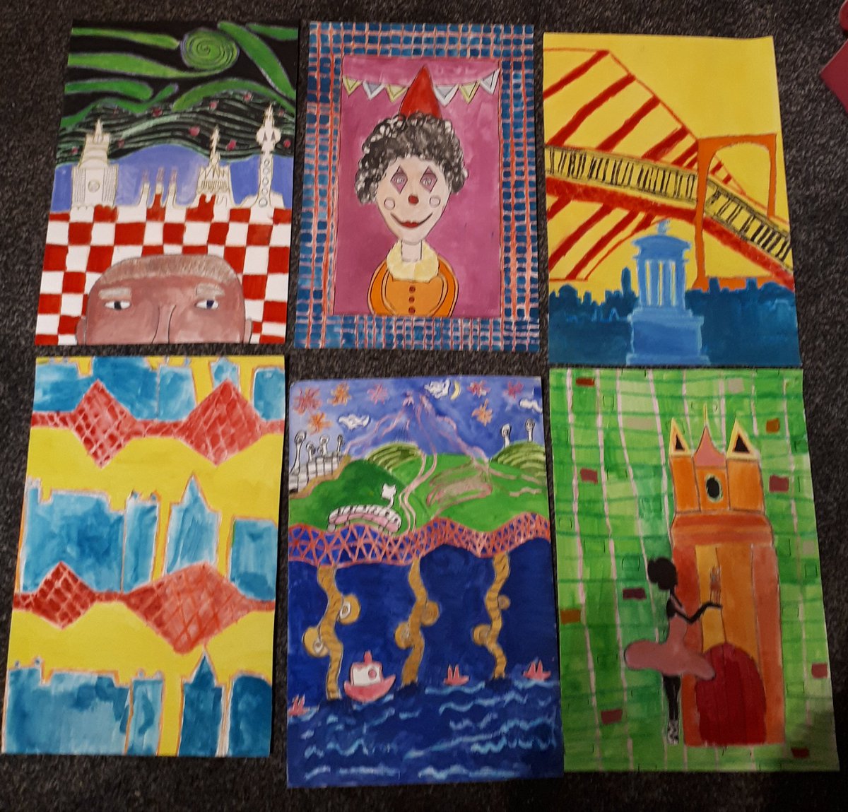 Missmackay7's tweet photo. Some examples of our S2 Hundertwasser inspired posters entering the Edinburgh Fringe Poster Competition 2018 @StMungosFalkirk https://t.co/3fbVCxNxjO