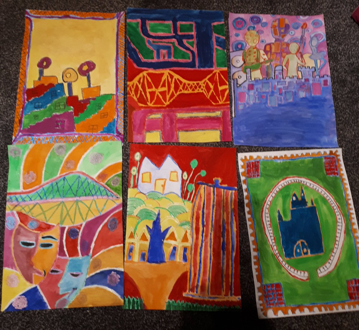 Missmackay7's tweet photo. Some examples of our S2 Hundertwasser inspired posters entering the Edinburgh Fringe Poster Competition 2018 @StMungosFalkirk https://t.co/3fbVCxNxjO