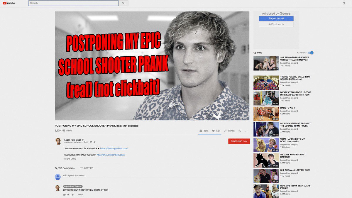 ClickHole's tweet photo. Doing His Part: To Support The High School Students Walking Out Today, Logan Paul Has Postponed His Epic School-Shooter Prank https://t.co/XnQFfXx9Rp https://t.co/ND65z50pHx
