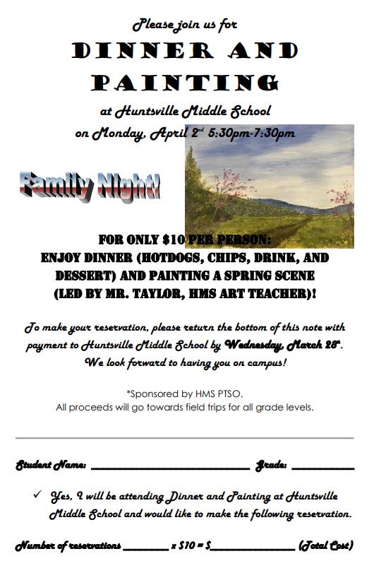 HuntsvilleMS's tweet photo. We are super excited to announce a Spring Painting and Dinner night! Come join Mr. Taylor for a family-fun event to paint a summer landscape. This is a great way to spend some quality time with your family and have dinner taken care of for the evening. Hope to see you there! https://t.co/6zzKOlX2BZ