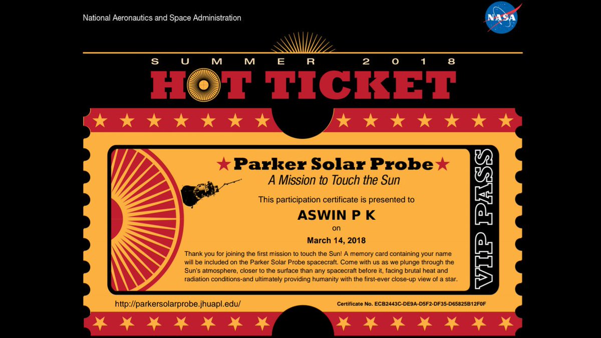 Hot tickets. Parker Solar Probe внутри. Certificate of participation. Hot as Sun. Mission to the Sun.