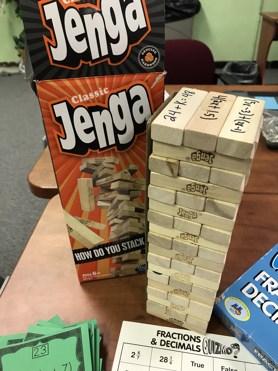MrsEmling's tweet photo. Back to basics in #middleschoolmath  this week, my sts are working their way through 4 math stations. @JENGA is always a crowd pleaser, I put a math problem on every piece &amp; all sts in the group must solve it and discuss the answer before it gets placed back #mathjenga #mathbingo https://t.co/5Hcr0hfR8b