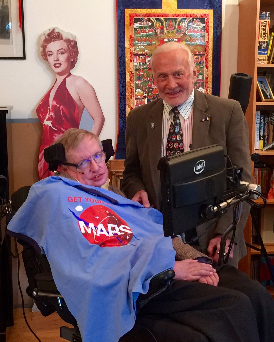 TheRealBuzz's tweet photo. We lost one of history's greatest minds who helped us explore the deepest mysteries of the universe. I'm proud to have called Stephen Hawking my friend. The world needs more men like him. Not less. Godspeed and I hope you're hanging out with Marilyn Monroe.  #RIPStephenHawking https://t.co/ClvjXQnnKt