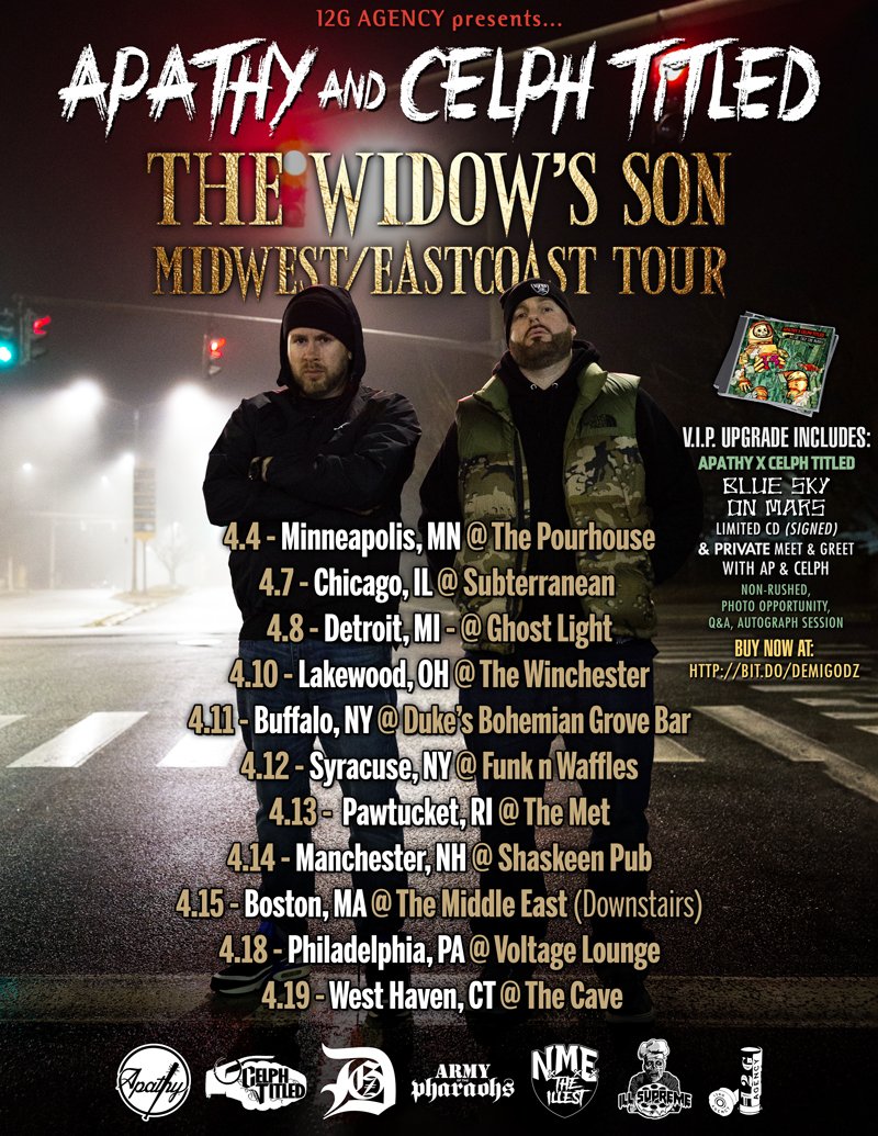 MIDWEST/EASTCOAST: @ApathyDGZ + @CelphTitled are coming thru in April! Check this URL for all dates/ticket links: bit.ly/2FJdFVZ