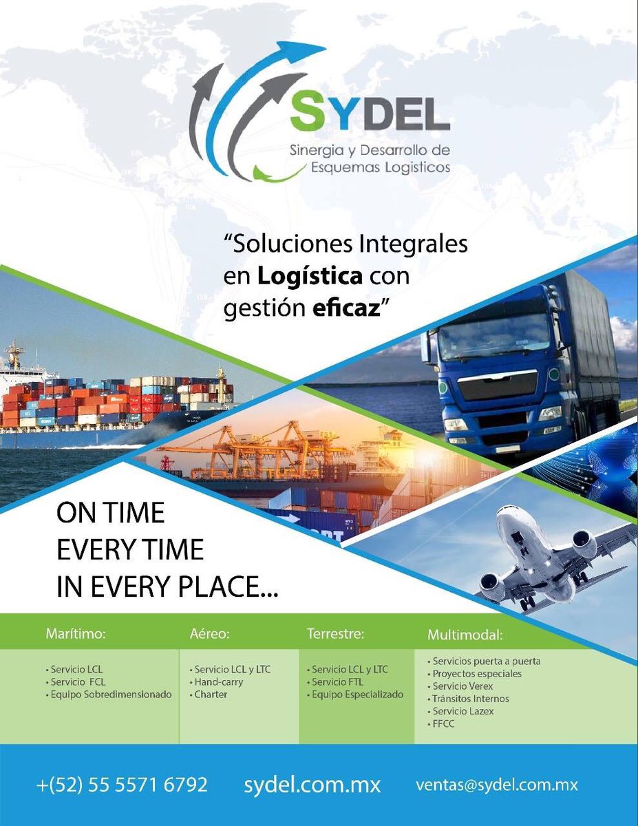 CancunPromotion's tweet photo. #SYDEL SINERGIA Y DESARROLLO DE ESQUEMAS LOGÍSTICOS “SOLUCIONES INTEGRALES DE LOGÍSTICA CON GESTIÓN EFICAZ” 
ON TIME
EVERY TIME
IN EVERY PLACE
https://t.co/AiHxmMxtJg marítimo, aéreo, terrestre, multimodal. @INTEGRAMAGAZINE https://t.co/DF8XVKBIWM
