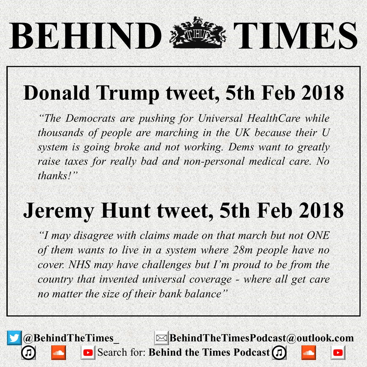 BehindTheTimes_'s tweet photo. Forget the Church of England, the #NHS is the state religion in the UK. @realDonaldTrump would do well to remember that... Hear more at https://t.co/WkYyJ4mbTh #BehindTheTimes #Podcast https://t.co/RHX0Mp5Hc8